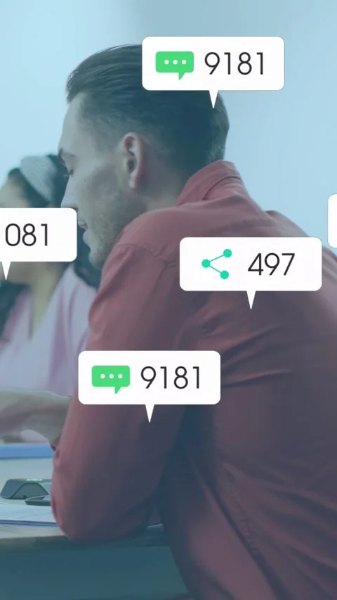 Vertical video: Man typing in office meeting, notification bubbles multiplying Stock Footage 333480158