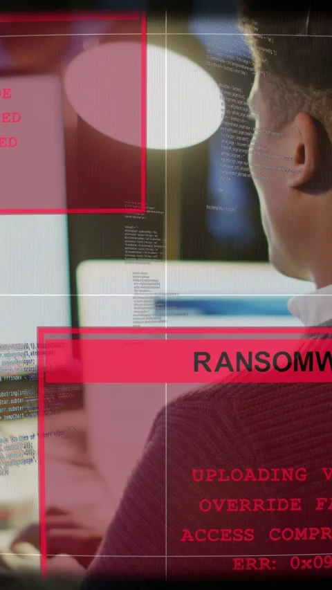 Vertical video: Man typing, red ransomware alerts sliding onto monitors reacting Stock Footage 333577595