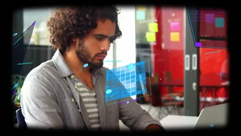 Vertical video: Man typing on tech PC driving blue UI overlay face and showing Stock Footage 334036904