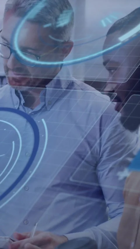 Vertical video: Man uncapping pen, writing notes coworker leaning, holo UI 스톡 동영상 330332909