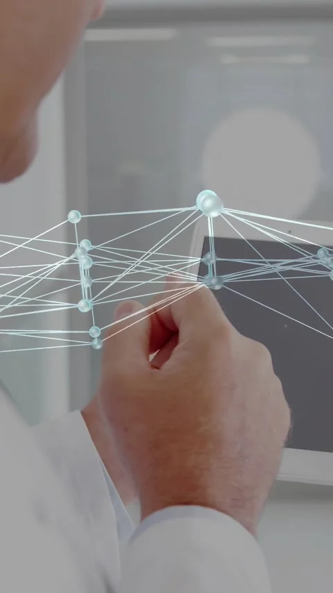 Vertical video: Man using 3D node map in lab, hand lighting nodes, stylus Video stock 330542923
