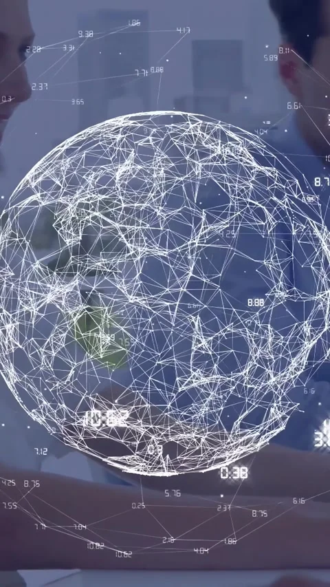 Vertical video: Man using device on sink, initiating wireframe globe with Stock Footage 330965188