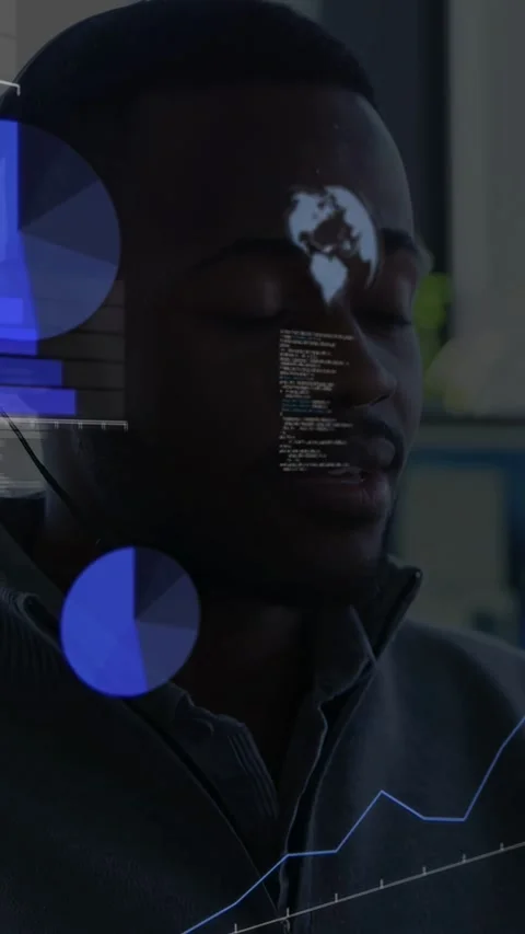 Vertical video: Man using mic by window, incoming charts overlaying face and Stock Footage 333236227