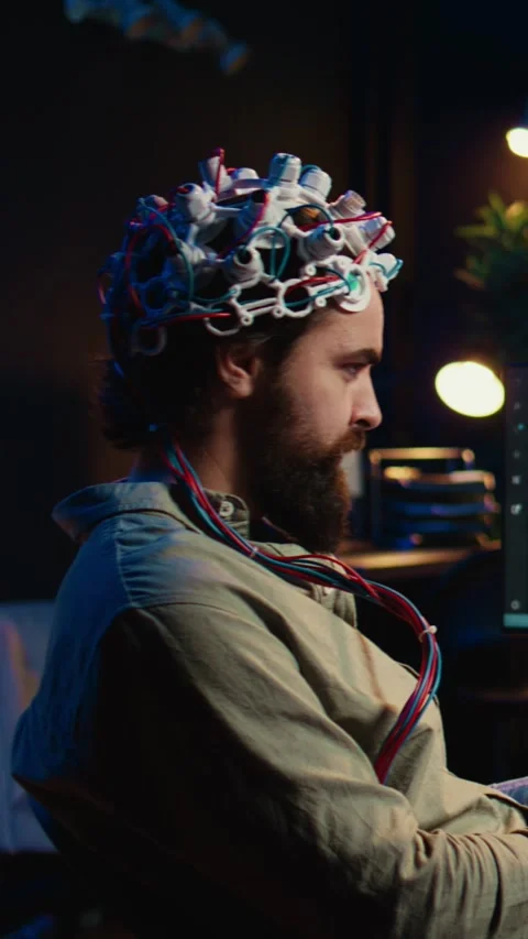 Vertical video Man using neuroscientific device to transfer consciousness Stock Footage 266747926