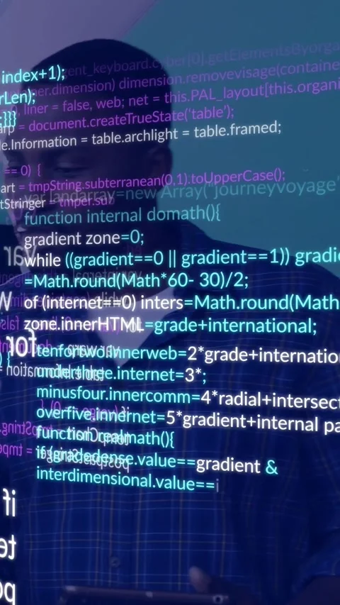 Vertical video: Man using phone causing code overlay debugging app while cyan Stock Footage 333912737
