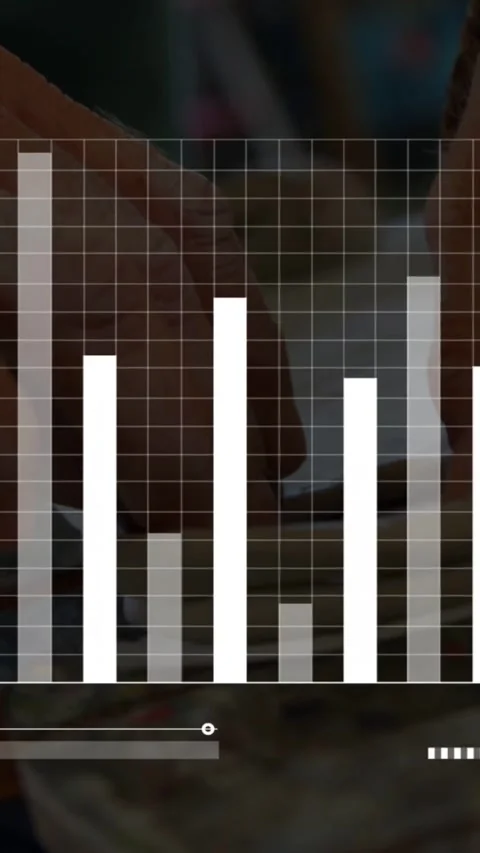 Vertical video: Man using utensils cutting food, hand motion driving data bars Stock Footage 334540758