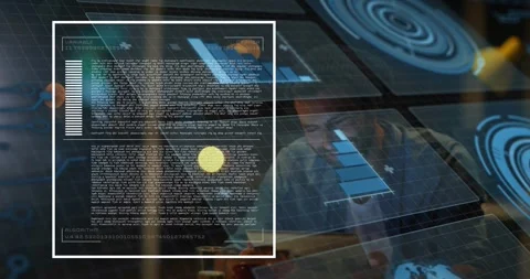 Vertical video: Man viewing tech HUD updating charts and radar, lifting head and Stock Footage 334040445