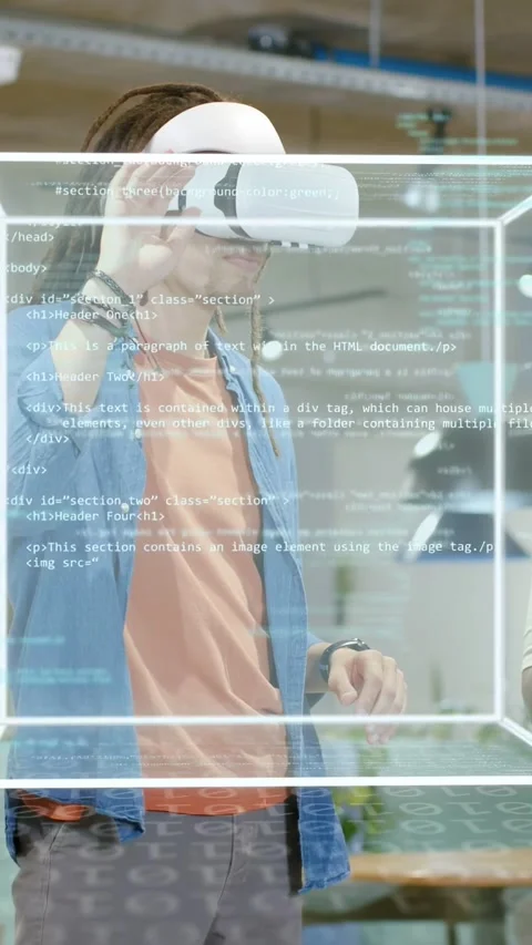 Vertical video: Man with VR hands forward activating UI, rotating cube Stock Footage 334694909