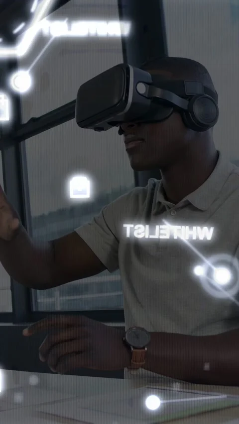 Vertical video: Man in VR headset reaching node, gesturing then typing while UI Stock Footage 333953520