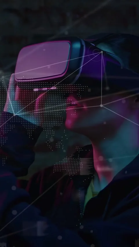 Vertical video: Man in VR raising hands, adjusting headset, overlaying HUD nodes Stock Footage 334547638