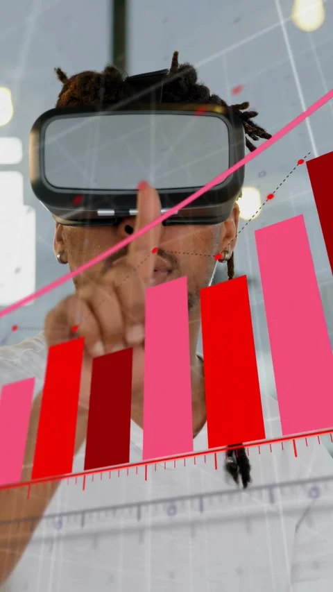 Vertical video: Man in VR tapping glass, selecting 3D bars and raising pink Stock Footage 333005869