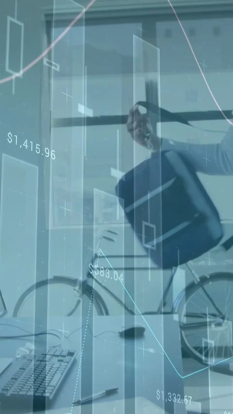 Vertical video: Man walking in with bag, typing while market chart overlaying 스톡 동영상 332985205