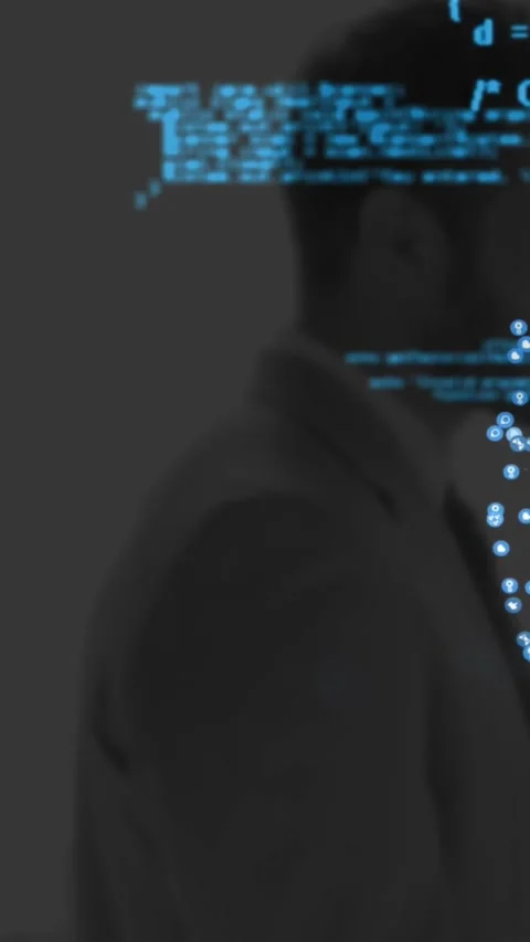 Vertical video: Man walking, blurred code streaks sharpening, code HUD and UI Stock Footage 329840801