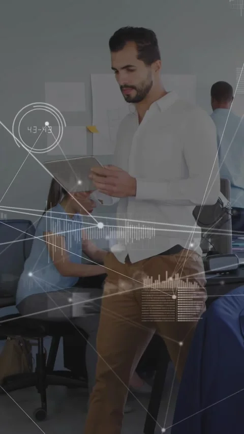 Vertical video: Man walking in checking tablet, using data guiding tech team Stock Footage 330285968