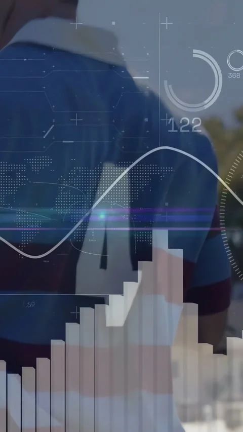 Vertical video: Man walking path pulling phone driving tech overlay with bar Stock Footage 331198930