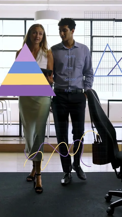 Vertical video: Man walking step, activating pyramid overlays as woman tilting Vidéo 334704939