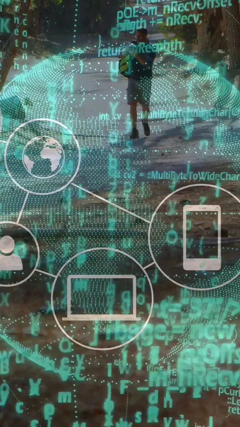 Vertical video: Man walking trail sparking tech AR globe code and net icons Stock Footage 333896491