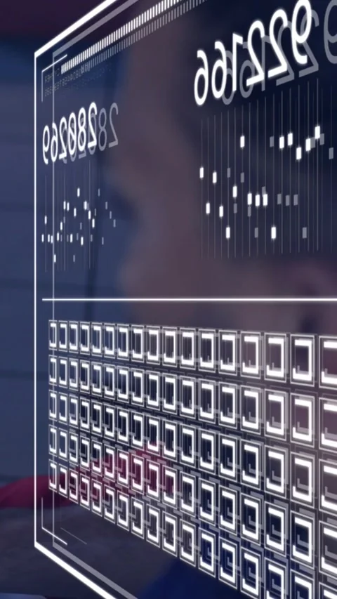 Vertical video: Man watching tech UI sliding left and updating numeric panels Stock Footage 328349999