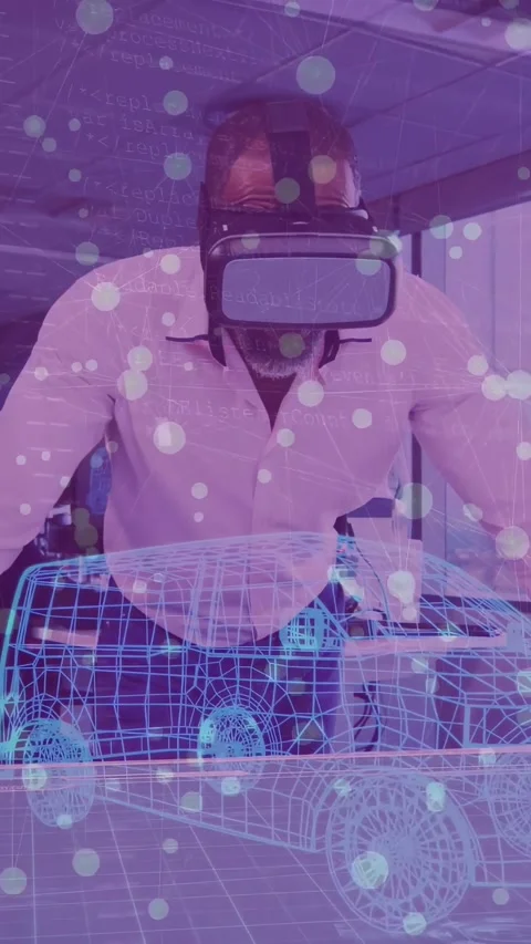 Vertical video: Man wearing VR headset leaning in office, adjusting wireframe Stock Footage 334544456