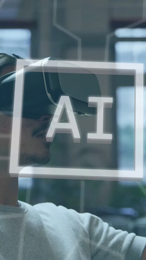 Vertical video: Man wearing VR headset reaching for HUD in tech studio, showing Stock Footage 334792569