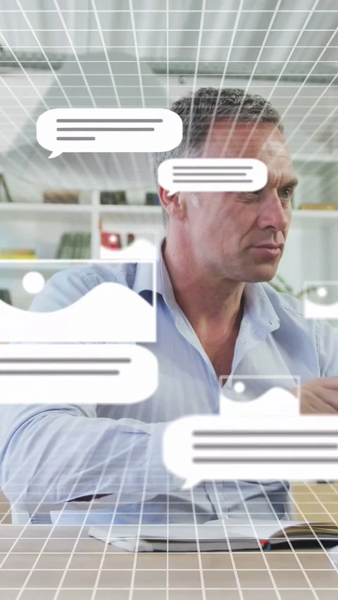 Vertical video: Man writing in notebook, incoming chats moving over face on 3D Stock Footage 334792547