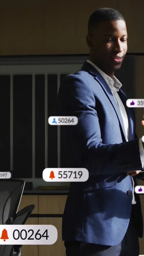 Vertical video: Manager checking phone in office watching alert bubbles passing Video stock 334397129