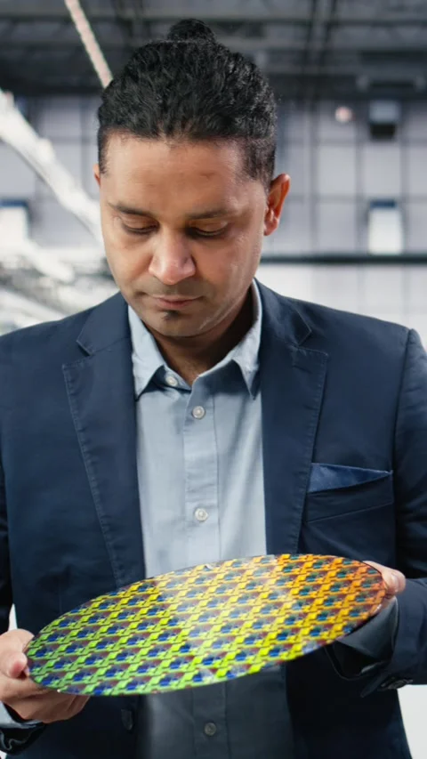Vertical video Manager holding processed silicon wafer inside automated Stock Footage 333614889