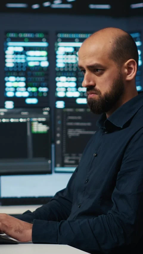 Vertical video Manager overseeing server room, running code on computer Stock Footage 274680158