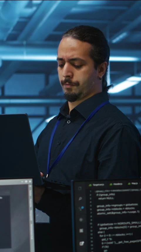 Vertical video Manager overseeing server room, running code on laptop Stock Footage 276138172