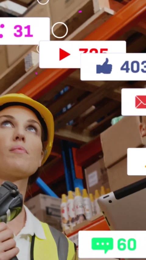 Vertical video: Manager pointing to shelf with tablet sparking AR icons while Stock Footage 333836215
