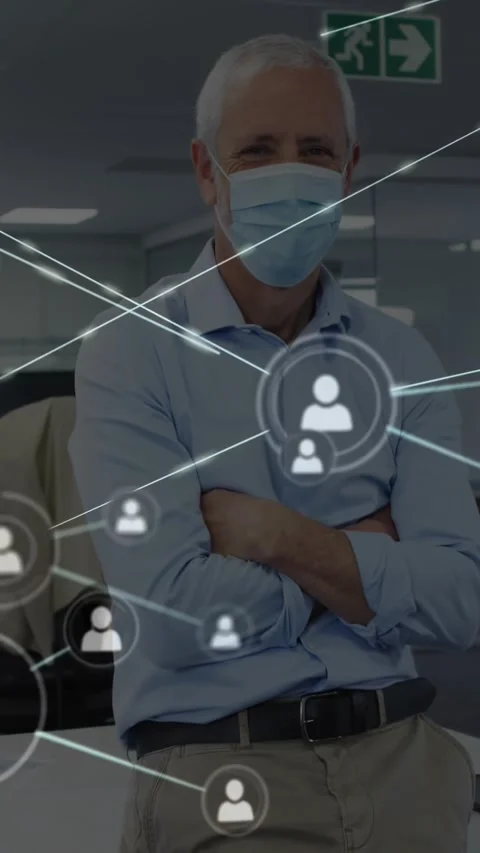 Vertical video: Manager standing chest icon sparking network expanding over him Video stock 334544475