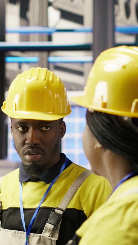 Vertical video Manager supervising technician in factory using PC to diagnose Stock Footage 307069435