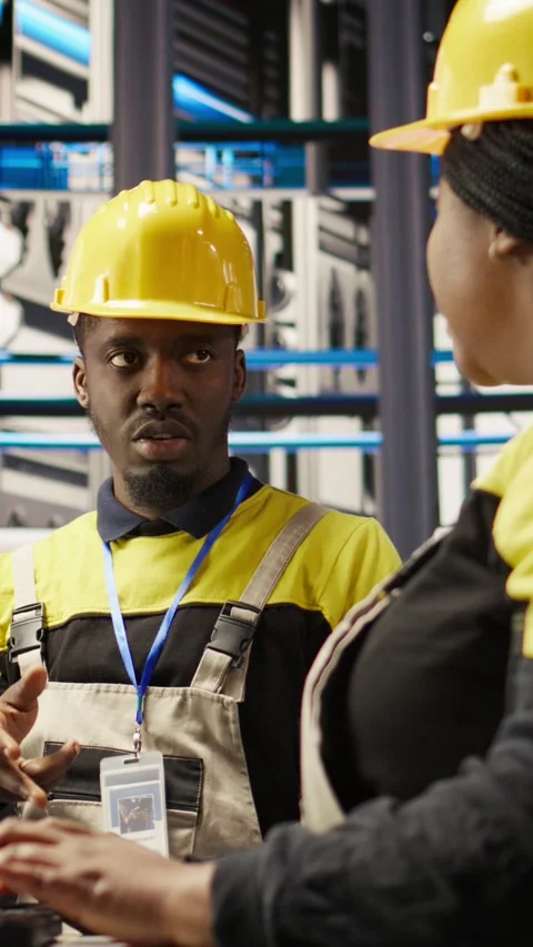 Vertical video Manager supervising technician in factory using PC to diagnose Stock Footage 307145791