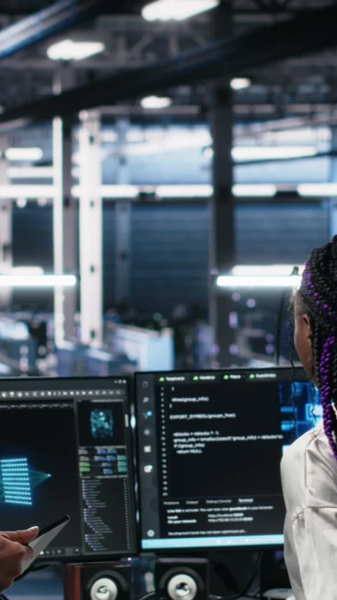 Vertical video Manager supervising woman in data center coding with generative Stock Footage 313456015