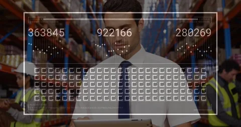 Vertical video: Manager tapping tablet in warehouse, calling HUD, checking data, Stock Footage 330444472