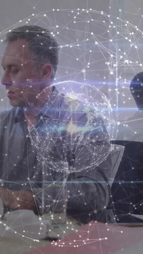 Vertical video: Manager touching notes, causing tech network globe to cross face Stock Footage 332335269