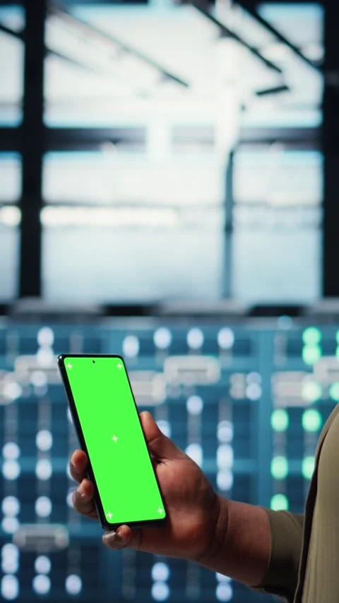 Vertical video Manager using app on chroma key phone to check server farm energy Stock Footage 316857656