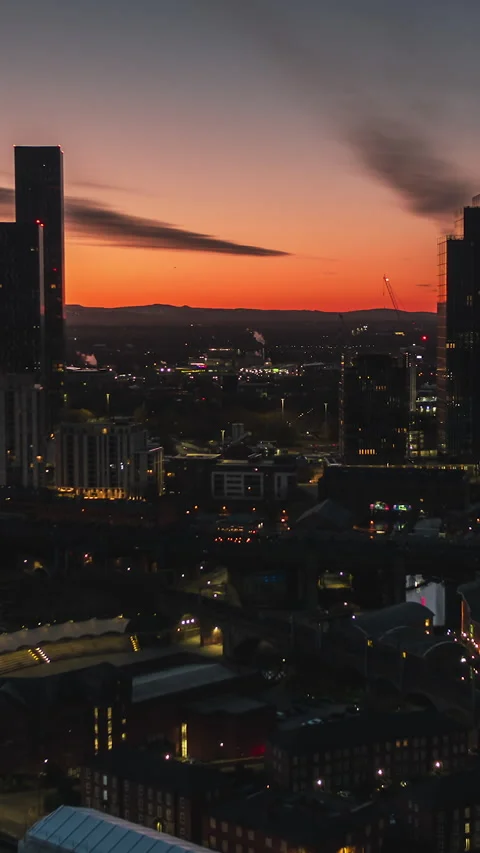Vertical Video of Manchester, Vertical Aerial View Shot, sunset, sunrise, day Stock Footage 270830516