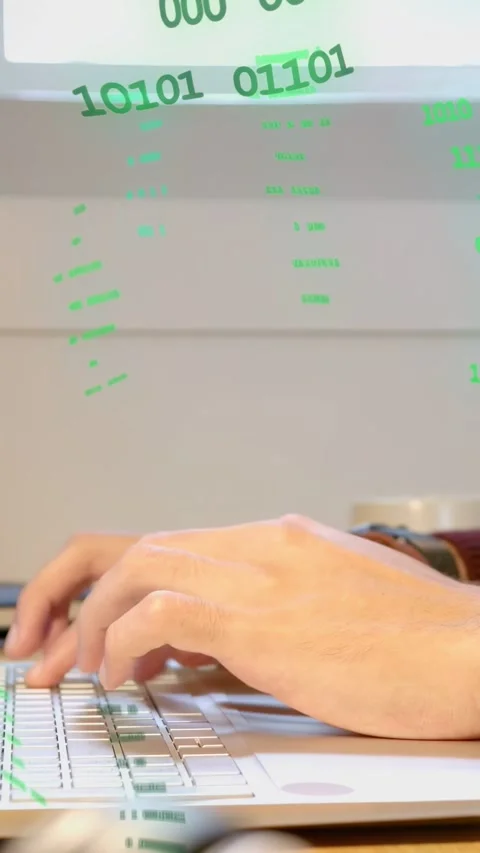 Vertical video: Man's hands pressing keys on laptop and causing green binary Stock Footage 335802576
