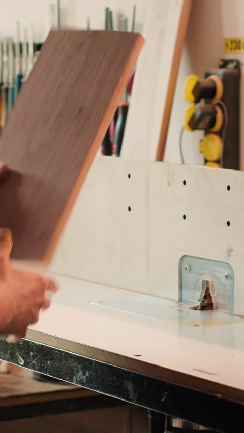 Vertical video Manufacturer and apprentice performing tasks on wood shaper Video stock 271408439