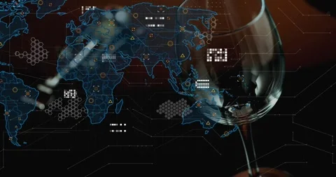 Vertical video: Map animating, wine glass bending HUD data on table near blurry Stock Footage 330509322