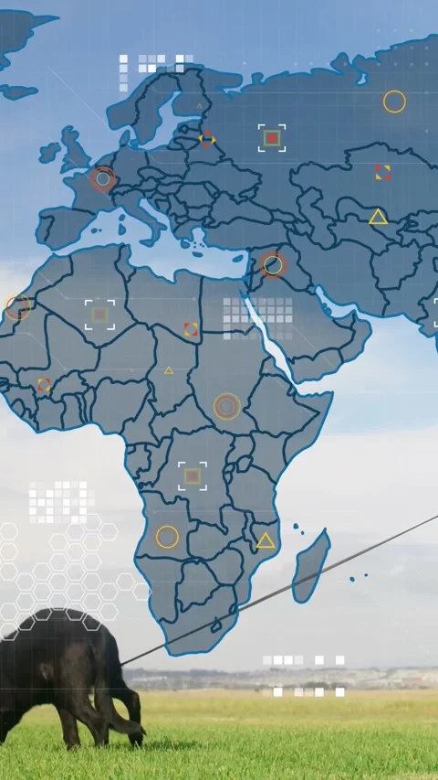 Vertical video: Map overlay fading in, pulsing HUD icons over Africa as mammal Stock Footage 334391895