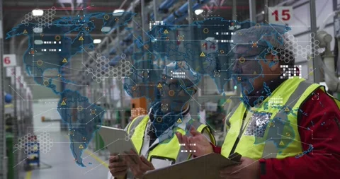 Vertical video: Map rising urging staff in vests, caps using tablet and pad in Stock Footage 334036023