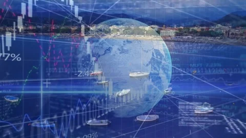 Vertical video: Market data driving charts across globe dipping then surging Stock Footage 330258604