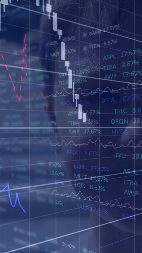 Vertical video: Market data updating, boy at right edge, charts overlaying face Stock Footage 329961858