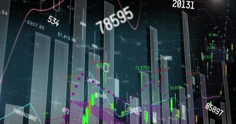 Vertical video: Market tick causing 3D bars rising, line graphs updating, labels Foto stock