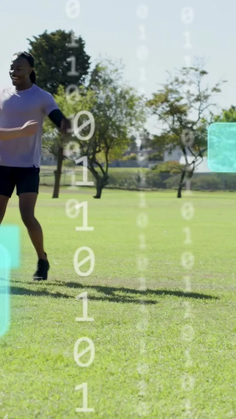 Vertical video: Maroon man sprinting after peer arrival, teal UI overlays Stock Footage 333632993