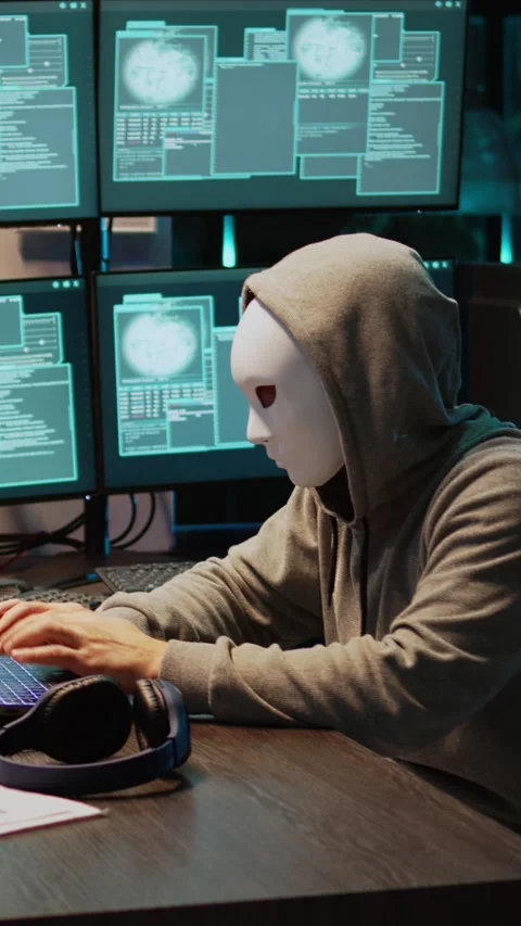 Vertical video: Masked criminal hacking computer server at night Stock Footage 220334913