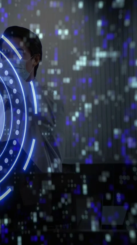 Vertical video: Masked man tapping holographic circle, causing blue pixels Stock Footage 333289164