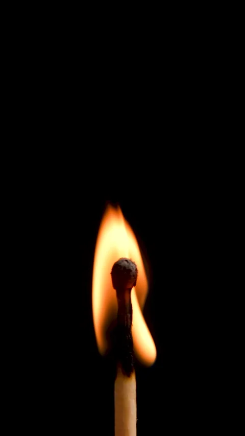 Vertical video of Matchstick burning in darkness, close up flame, fire ignition Stock Footage 303434291